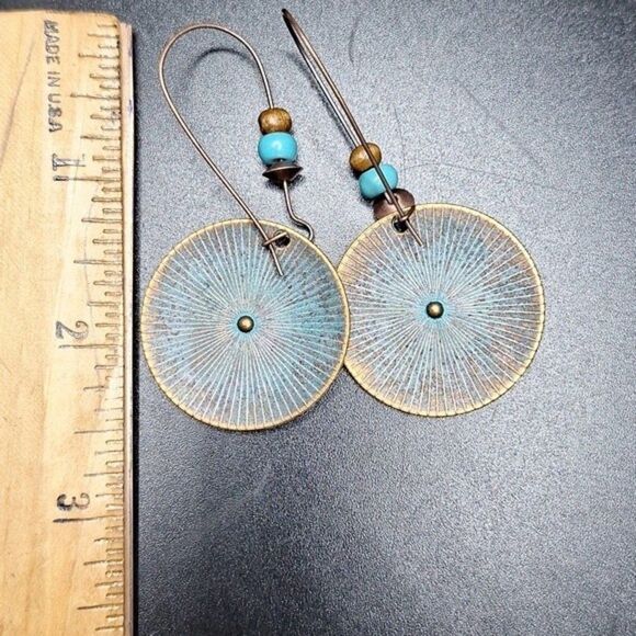 Boho Bronze round plate drop earrings with turquoise & wood beads - Picture 3 of 3